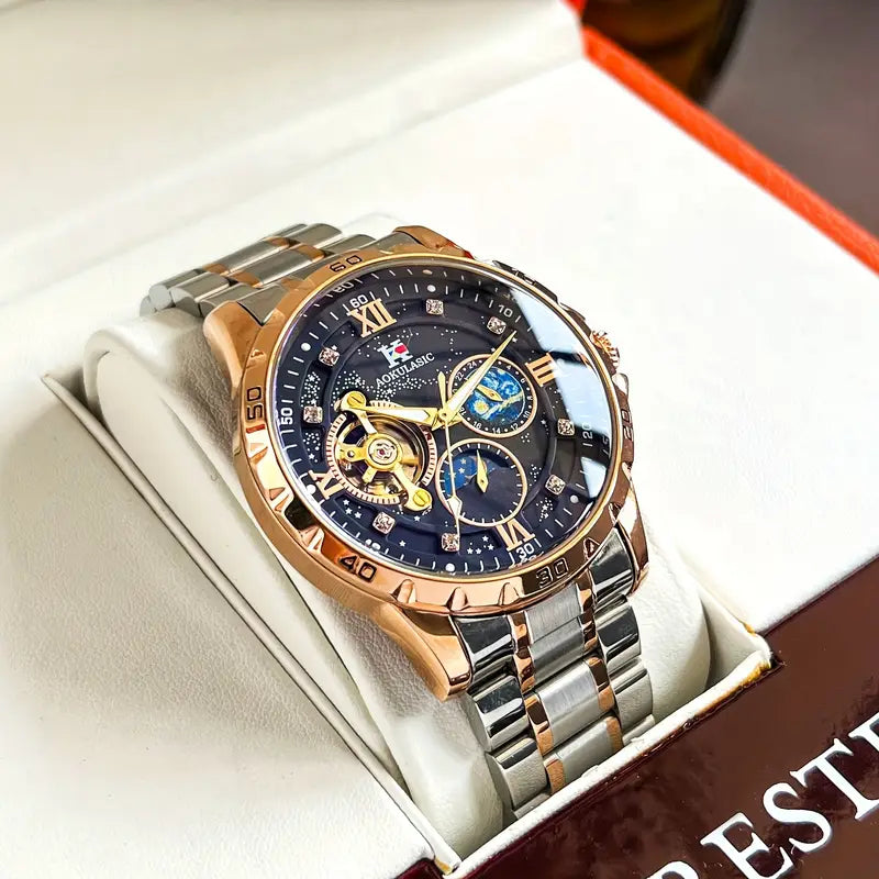 AOKULASIC Men Fashion Tourbillon Skeleton Automatic Mechanical Watch Rose Golden Case Iced Out Starry Sky Luminous Dial Top Brand Stainless Steel Strap Business Casual Mens Watches Christmas New Year Thanksgiving Day Festival Birthday Gifts