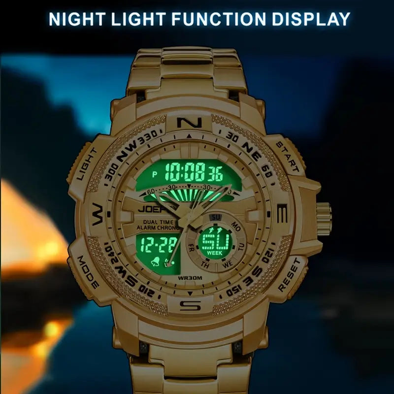 Men'S Golden-Tone Sports Watch with Stainless Steel Band, Dual Display (Analog & Digital), Alarm Clock, Stopwatch, and Glow Feature - Versatile Multifunctional Electronic Watch for Casual or Active Wear