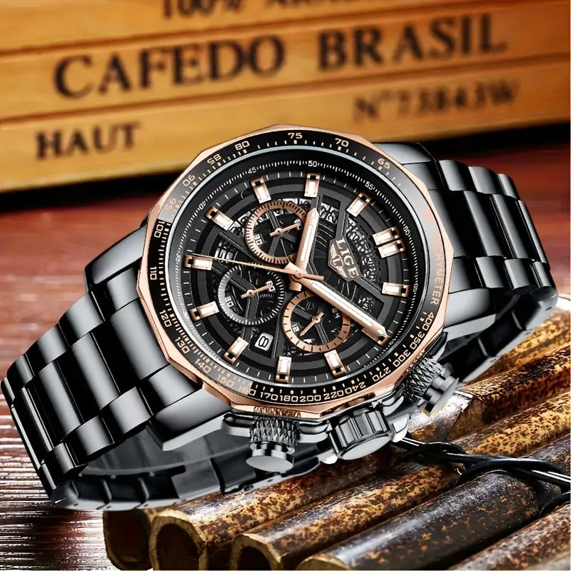 LIGE Men'S Quartz Watch - Business Style Chronograph with Date Display, Stainless Steel Strap, Golden & Black Options, Ideal Gift for Men, Formal Accessory | Modern Watch Design | Durable Watchband, LIGE