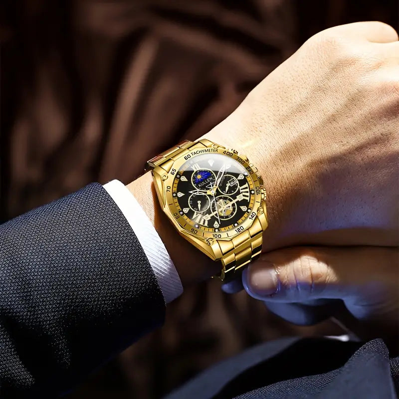 Men's Luxury Quartz Watch with Large Dial & Calendar - Black Chronograph Style, Golden Accents, Roman Numerals - Special Occasions, Stylish Streetwear Accessory | Sleek Chronograph Design | Durable Quartz Watch