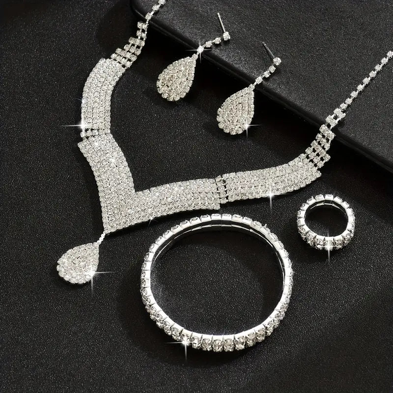 1 Necklace + 1 Pair of Earrings + 1 Bracelet + 1 Ring Four-Piece Jewelry Set Suitable for Casual Attire