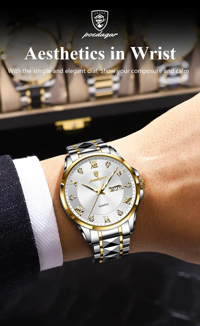 POEDAGAR Men'S Quartz Watch - Stainless Steel Band, Waterproof, Night Light, Date & Week Display, Elegant Golden-Tone Accents, Casual Style, Battery Operated, Elegant Timepiece | Golden Accents Watch | Quartz Movement Watch, POEDAGA