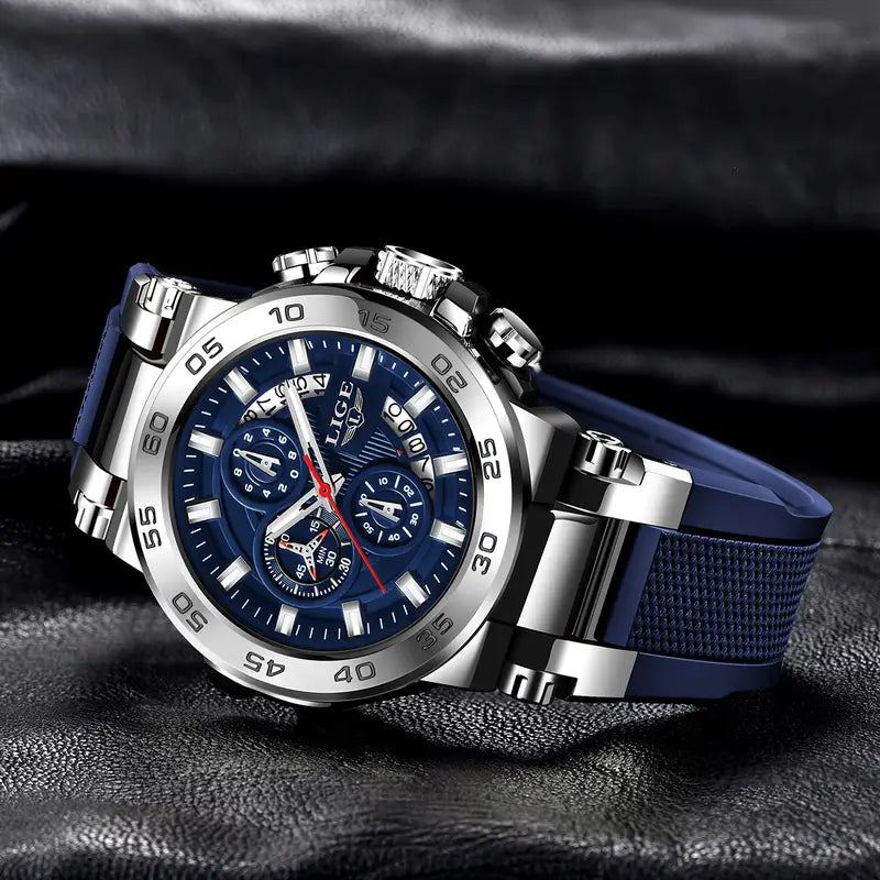 LIGE Men's Elegant Quartz Watch - Blue Dial, World Time, Stopwatch, Alarm, Silicone Strap, Zinc Alloy Case, Business Casual Style, Perfect Holiday Gift for Him, Versatile Wristwatch | Luminous Markers Watch | Silicone Strap Watch