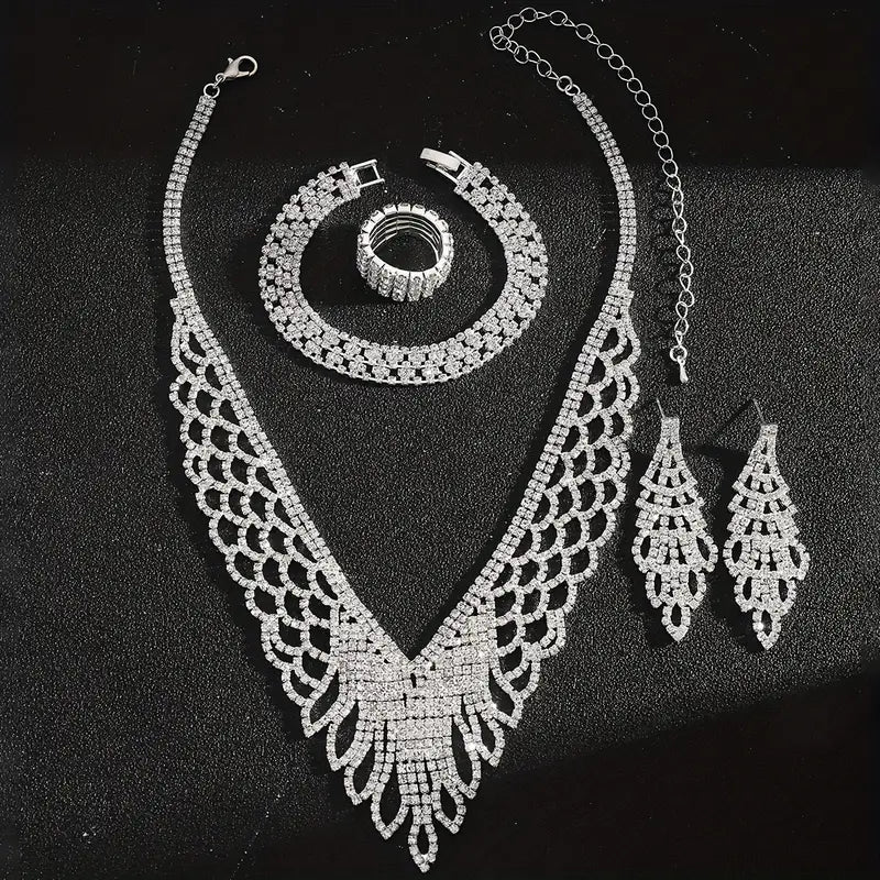 Luxury Exquisite Middle Eastern Bride Wedding Jewelry Set with Sparkling Rhinestones, Hollow Necklace, Bracelet, Earrings, and Stretch Ring