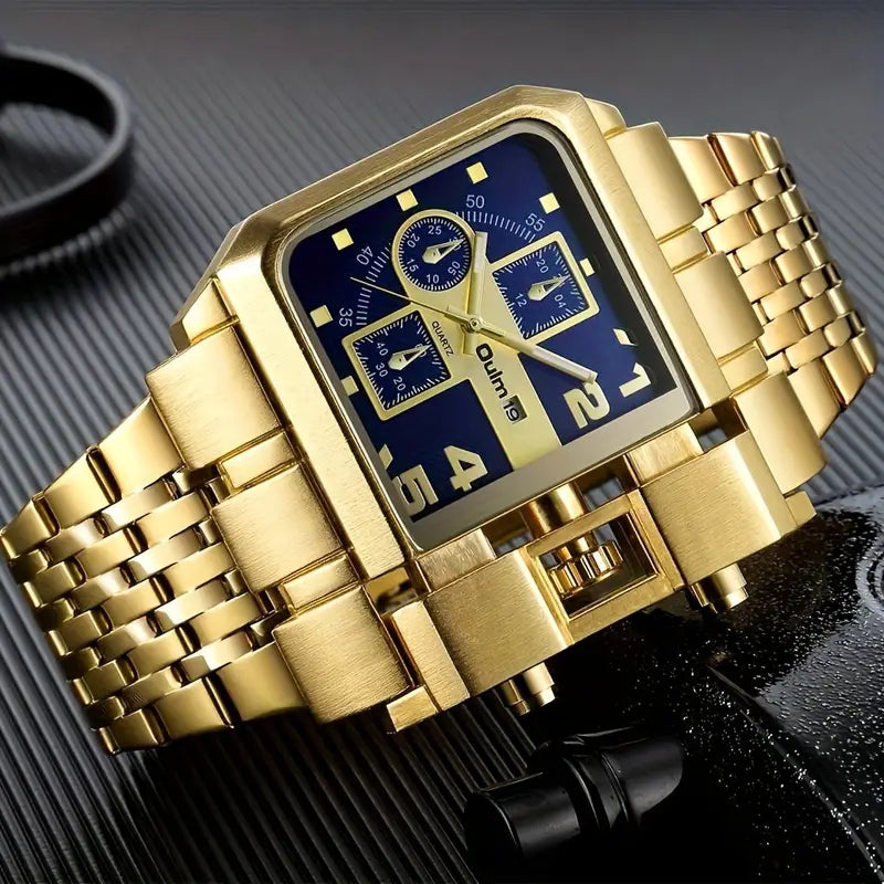 Oulm New Golden Large Dial Men's Watch with Steel Strap, Calendar Feature, Square Quartz Design - European Punk Sport Style