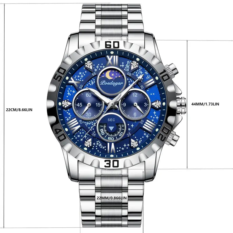 POEDAGAR 's Sporty Chronograph Watch - Luminous High Quality Stainless Steel Quartz Wristwatch with Date Calendar, Black Dial & Golden Markers for Casual & Formal Wear, Luxury Gift Item