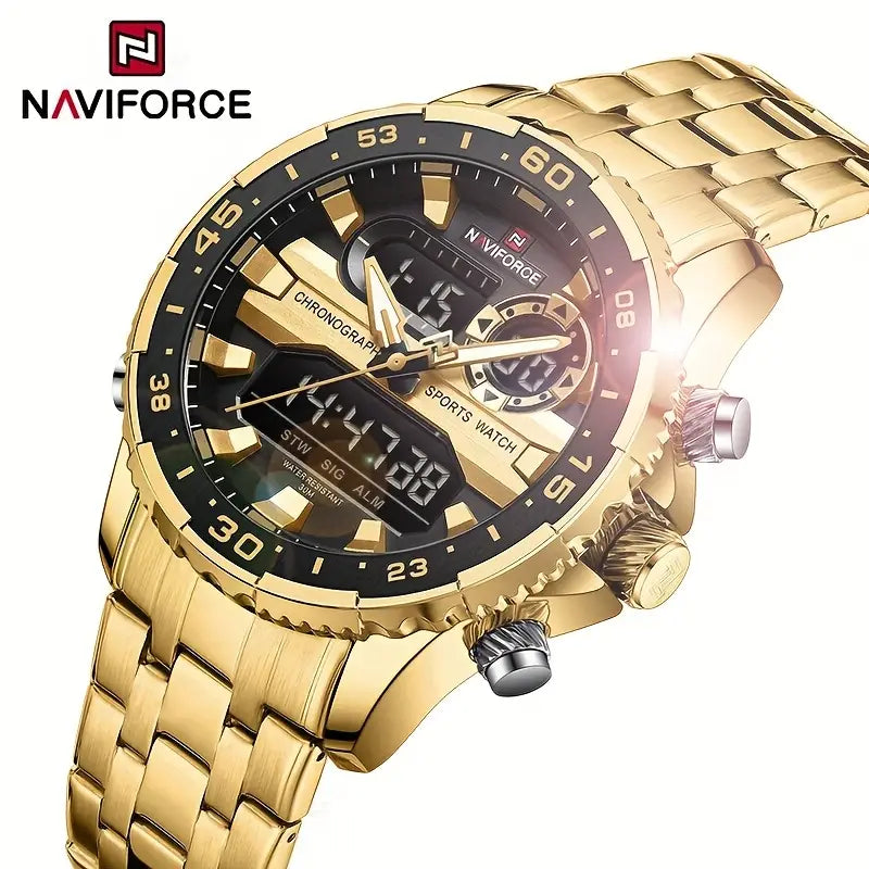NAVIFORCE Fashion Brand Black Golden Men Watch Fashion Luxury Quartz Wrist Watches Sport 3ATM Waterproof Stainless Steel Strap