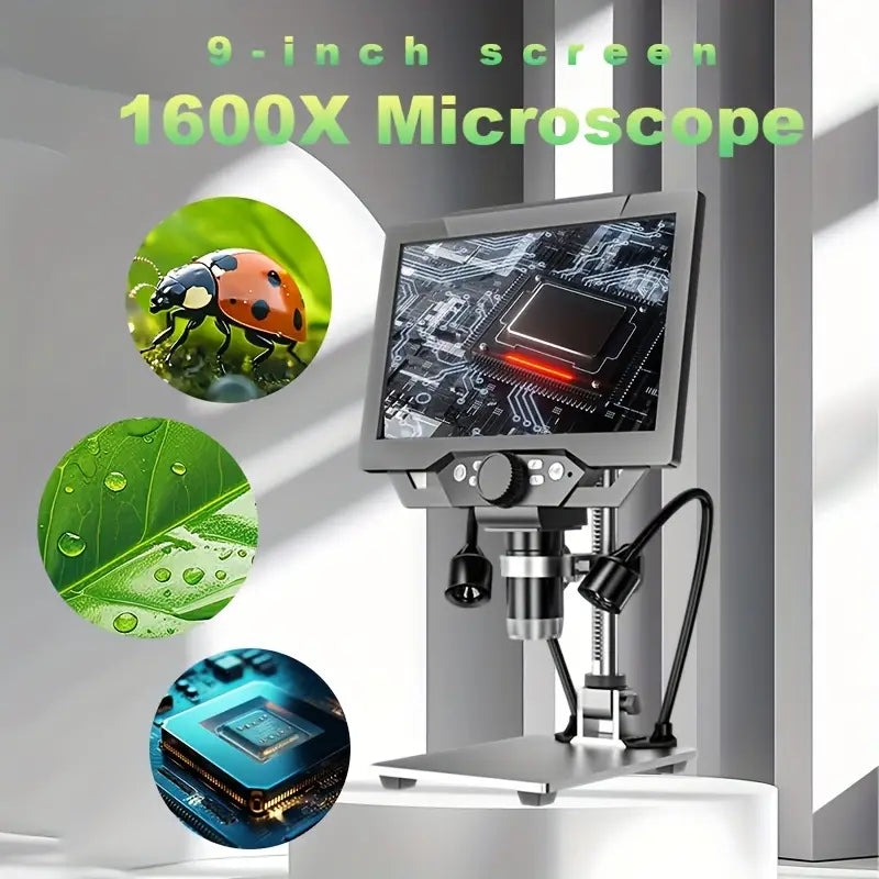 HD Digital Microscope 9-inch Large Screen 1600X Video Microscope Industrial Electronic Camera Circuit Board Watch Repair Detection Magnifying Glass