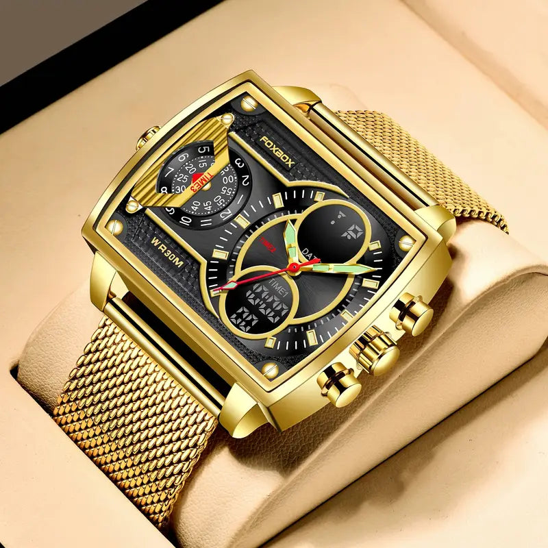 FOXBOX Elegant Women's Watch with Stainless Steel Mesh Strap, Dual Time Zone Display, Luminous Black Dial, Golden-Tone Square Case, IP68 High Quality, Quartz Movement, Bling Watch, Luxury Timepiece, Sleek Square Design, Durable Timepiece
