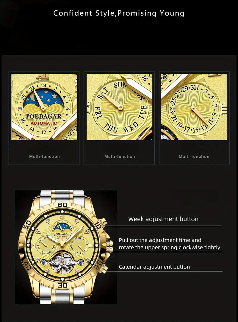 Men's Luxury Multifunctional Waterproof Mechanical Watch, 3D Hollow Luminous Fashion Youth Wristwatch