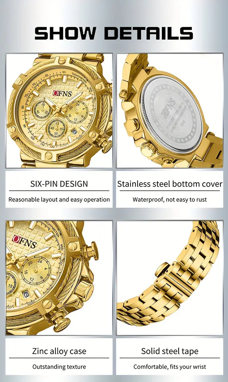 Stainless Steel Band, Nightlight, Stopwatch, Calendar, Round Dial, Golden & Black Design, Perfect Gift