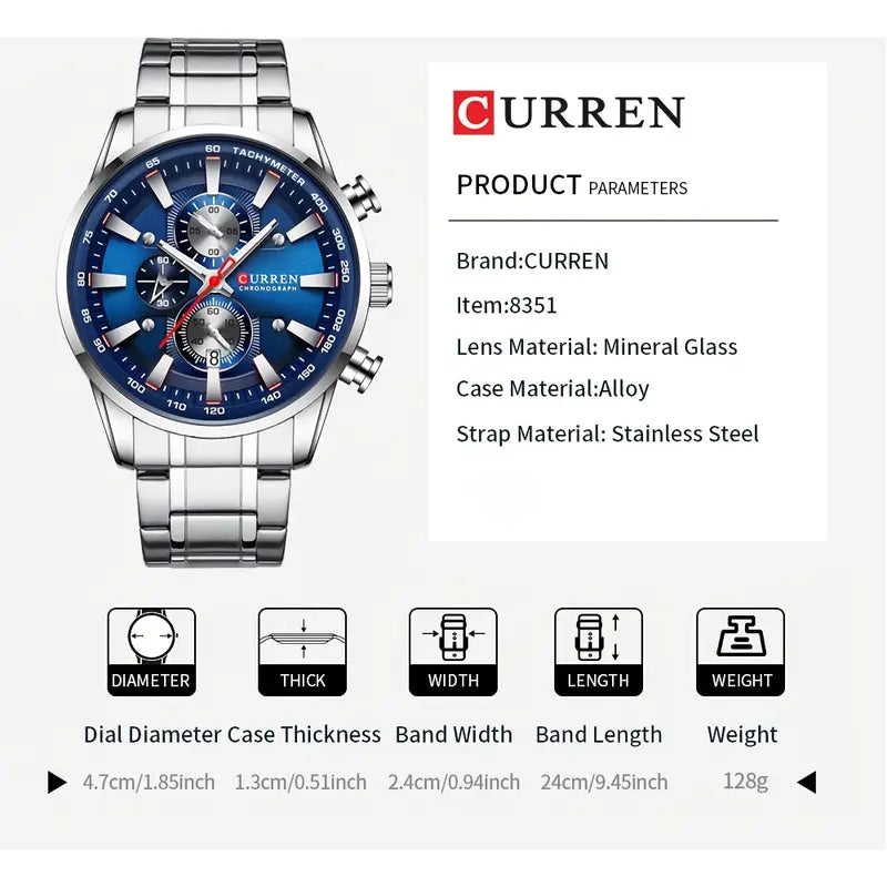 The CURREN Fashion Sports Chronograph Watch Features A Date And Luminous Hands, With A Large Dial Quartz Wristwatch.