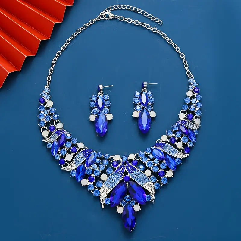 Luxury Royal Style Bow-Themed Necklace and Earrings Set, Silver Plated Zinc Alloy with Synthetic Blue Crystal, Handmade Exaggerated Jewelry for Daily Wear, Festivals, and Special Occasions