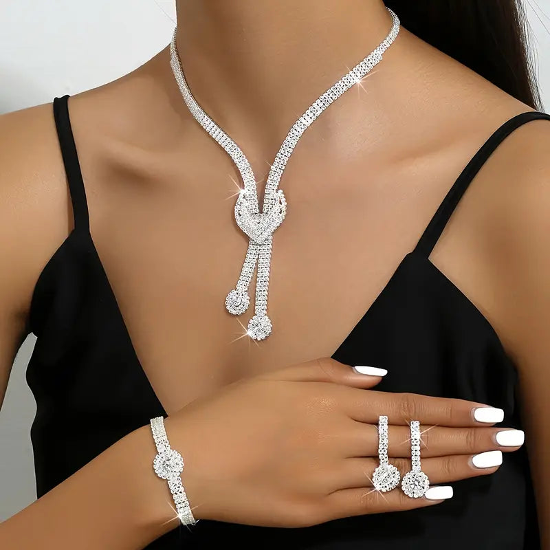 New Foreign Trade European and American Style Silvery Heart Jewelry Set with Tassel Peach Pendant Wholesale Factory