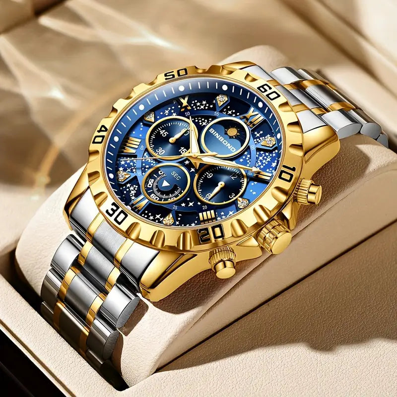 legant Men's Quartz Watch - Sophisticated Golden-Tone with Blue Dial, Stainless Steel Band, Roman Numerals - Ideal for Business, Casual & Sports Wear - Perfect Birthday or Holiday Gift, Gift Watch|Sophisticated Style|Zinc Alloy Case
