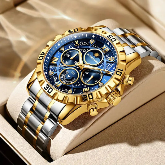 legant Men's Quartz Watch - Sophisticated Golden-Tone with Blue Dial, Stainless Steel Band, Roman Numerals - Ideal for Business, Casual & Sports Wear - Perfect Birthday or Holiday Gift, Gift Watch|Sophisticated Style|Zinc Alloy Case