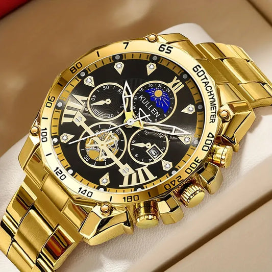 Men's Luxury Quartz Watch with Large Dial & Calendar - Black Chronograph Style, Golden Accents, Roman Numerals - Special Occasions, Stylish Streetwear Accessory | Sleek Chronograph Design | Durable Quartz Watch
