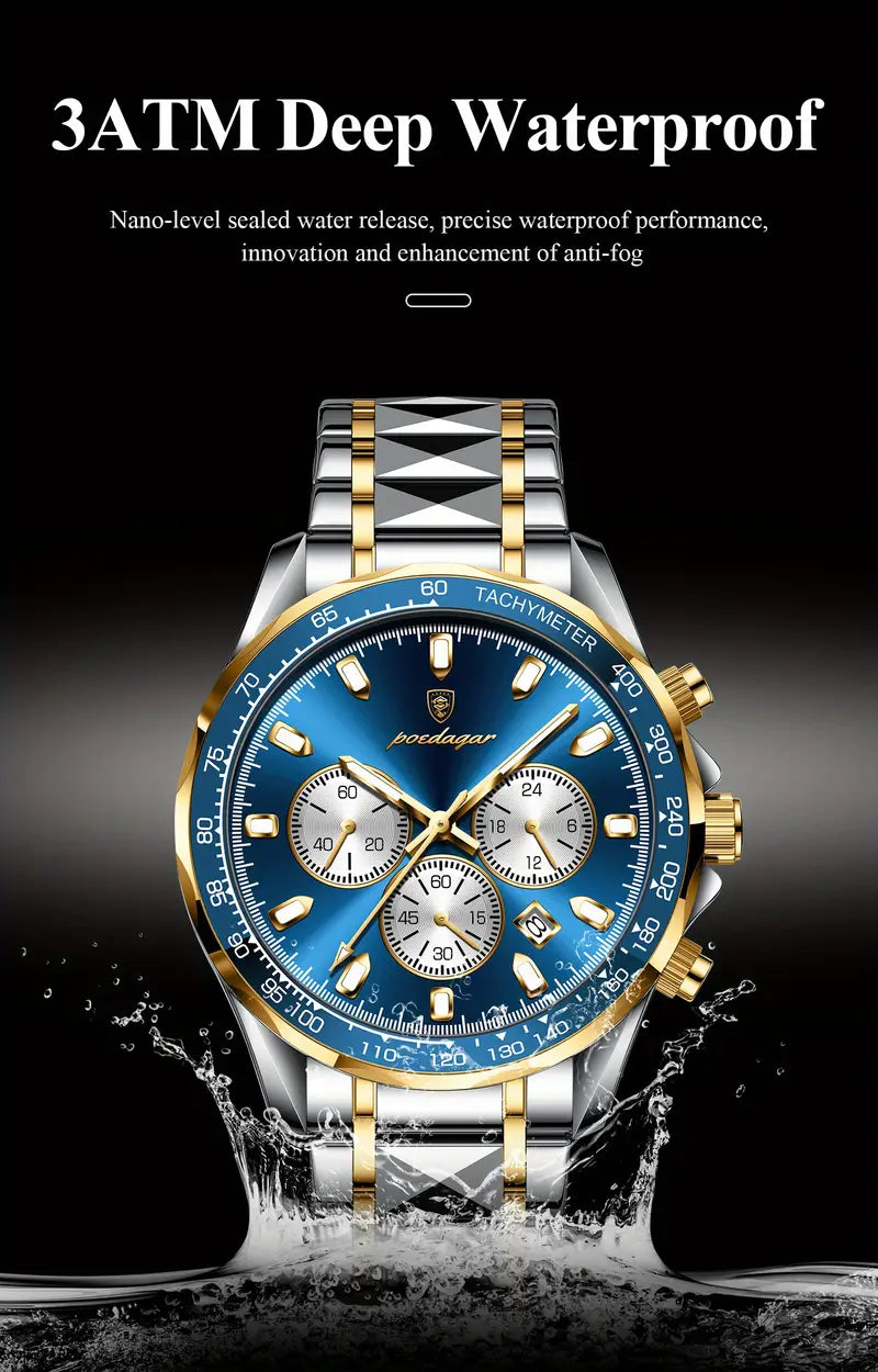 Poedagar Luxury Sports Men's Watch Waterproof Night Light Date Multi functional Timer Stainless Steel Strap Casual Fashion Quartz Material Men's Watch