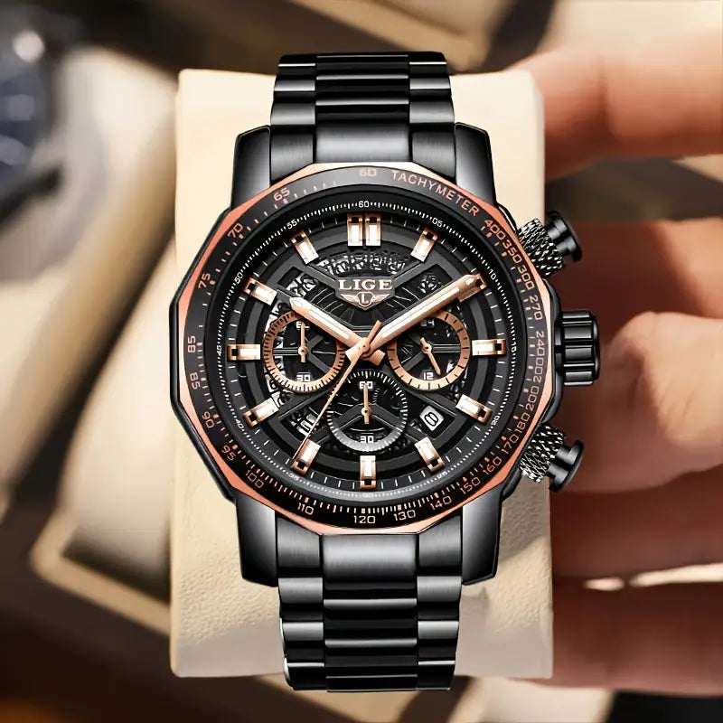 LIGE Men'S Quartz Watch - Business Style Chronograph with Date Display, Stainless Steel Strap, Golden & Black Options, Ideal Gift for Men, Formal Accessory | Modern Watch Design | Durable Watchband, LIGE