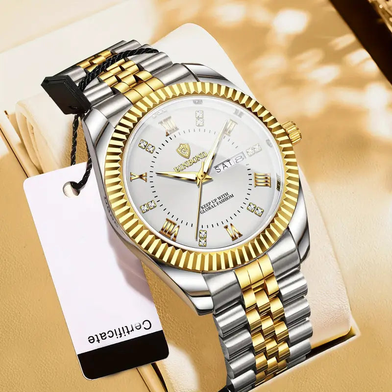 Men'S Casual Business Calendar Watch with Luminous Hands, Golden-Tone Alloy Case & Stainless Steel Strap - Waterproof, Battery-Powered, Date Display, Business Casual Wear|Luxurious Watch|Durable Watch