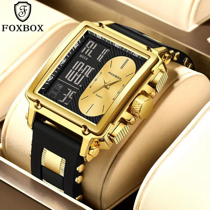 FOXBOX Brand Ladies Electronic Watch, Square Dual Screen, Multifunctional, Sports, Chronograph, Alarm Clock, Luminous, Fashion, Zinc Alloy Case, Silicone Band, Digital Movement, with Button Battery (Diameter＜20mm), Non-rechargeable