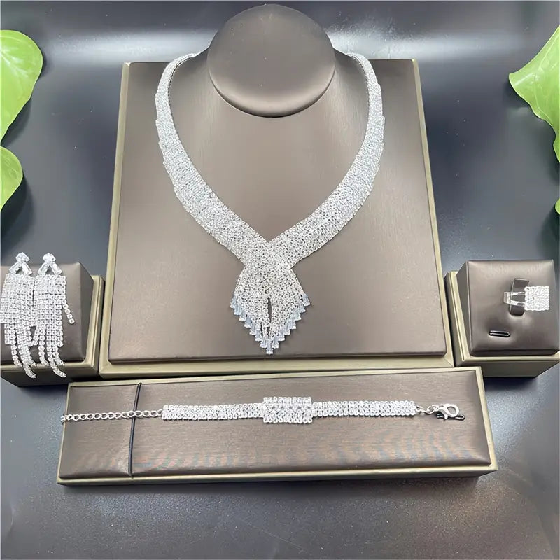 Shimmering Jewelry Set with Artificial Crystals And Sparkling Gemstones, Full Flash Luxury Necklace, Bracelet, Ring, And Earrings Set, Party Banquet Wedding Jewelry