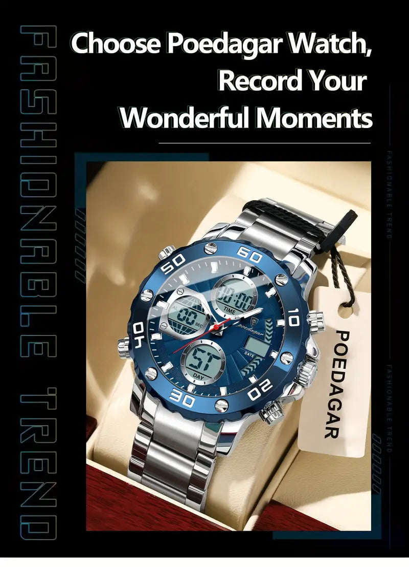 POEDAGAR Men'S Sports Watch, Stainless Steel Band, 3ATM, Digital Display, Alarm, Chronograph, Calendar, Multi-Function, Battery Powered, Non-Rechargeable, Alloy Case, Electronic Movement