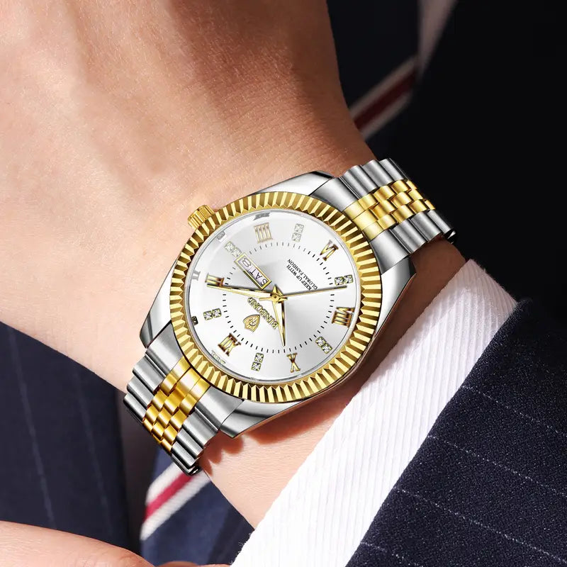 Men'S Casual Business Calendar Watch with Luminous Hands, Golden-Tone Alloy Case & Stainless Steel Strap - Waterproof, Battery-Powered, Date Display, Business Casual Wear|Luxurious Watch|Durable Watch