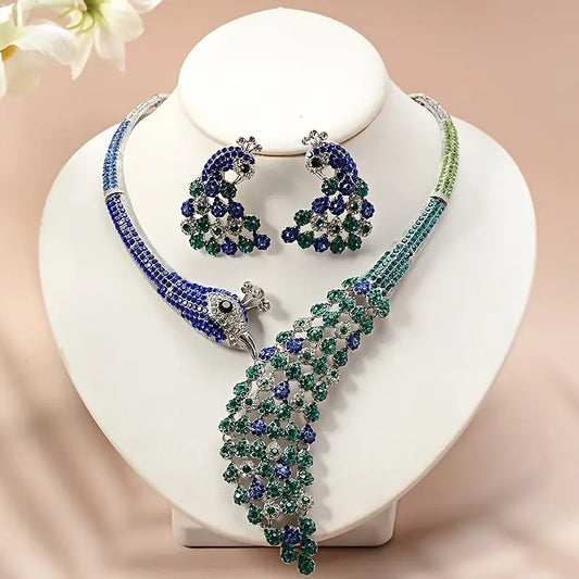 Beautiful Jewelry Set with Peacock Earrings and Necklace Suitable for Banquets and Valentine's Day Gift