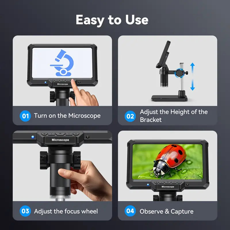 7-Inch Digital Microscope, 1200X Magnification, 16MP HD Video, USB Rechargeable, Adjustable Magnification, Portable Design for Coins, PCB, Adults, PC View, Laboratory, Quality Control, Industrial Use, Sleek Microscope, Highresolution Optics