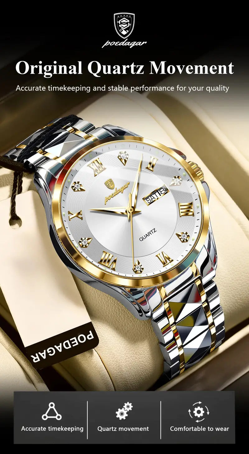 POEDAGAR Men'S Quartz Watch - Stainless Steel Band, Waterproof, Night Light, Date & Week Display, Elegant Golden-Tone Accents, Casual Style, Battery Operated, Elegant Timepiece | Golden Accents Watch | Quartz Movement Watch, POEDAGA