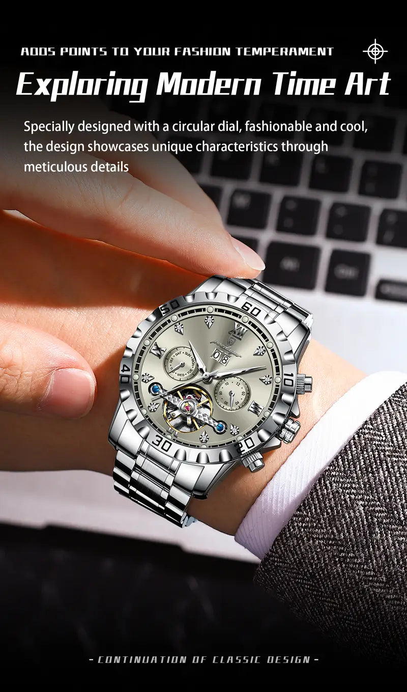 Poedagar Top Luxury Men'S and Women'S Watches, Date Automatic Week Men'S and Women'S Watches, Hollow Swirl Mechanical Stainless Steel