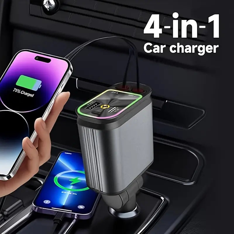 Car Charger with 4-in-1, 66W, USB C Car Charger, 180° Free Direction Adjustment, Anti-Tangle Rebound Design, Starlight Four-in-One Telescopic Car Charger USB-C Dual Fast Charging Compatible with iPhone 16-13/iPad/Android Universal Fit All Vehicles