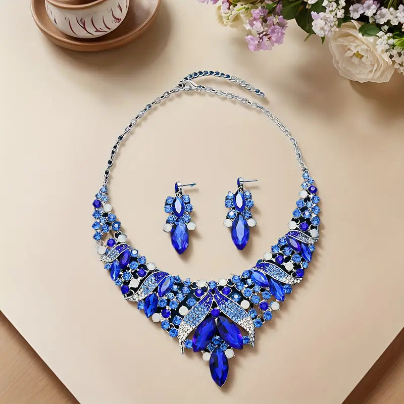Luxury Royal Style Bow-Themed Necklace and Earrings Set, Silver Plated Zinc Alloy with Synthetic Blue Crystal, Handmade Exaggerated Jewelry for Daily Wear, Festivals, and Special Occasions
