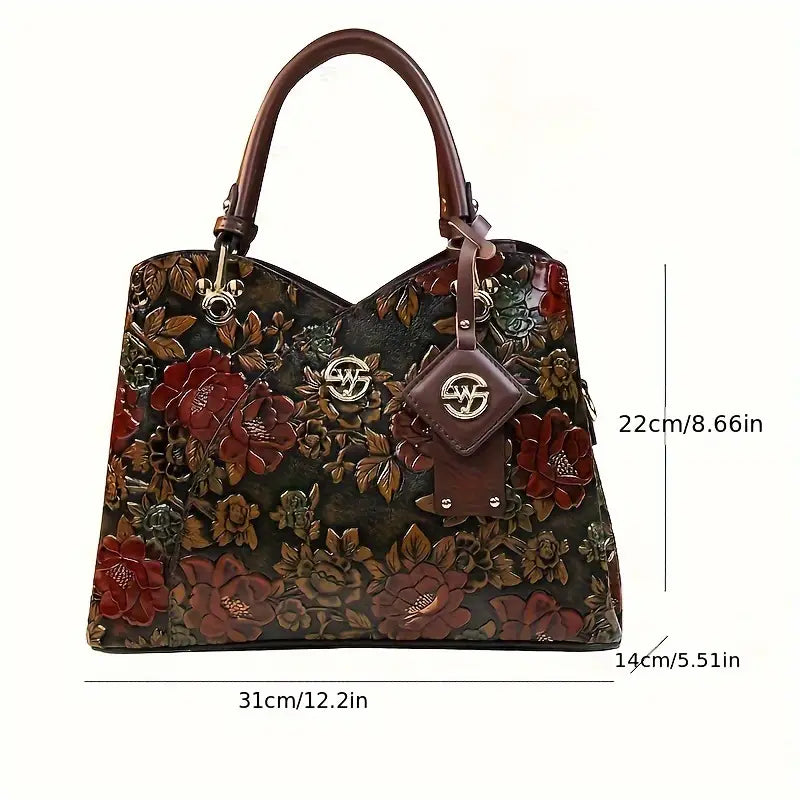 Vintage Floral Handbag for Wo, Adjustable Strap, Zipper Closure, Polyester Lined, Edge Painted, Classic Luxury Handbag