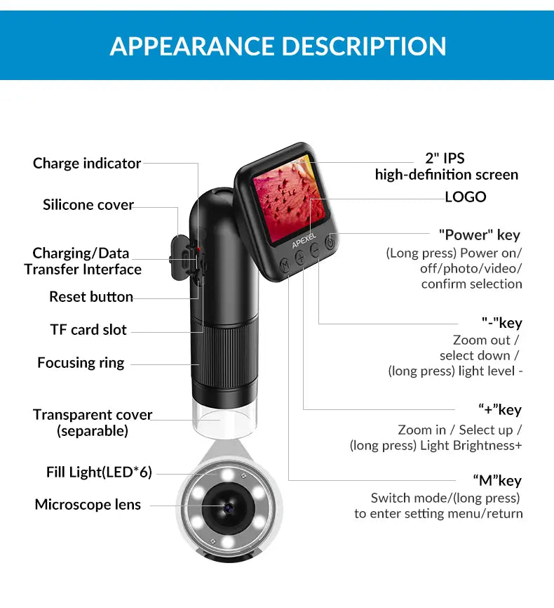 APEXEL Portable HD Digital Microscope, Handheld USB Microscope with LED for Laptop, Pocket-Sized 400X-800X Magnifier for Photos and Videos