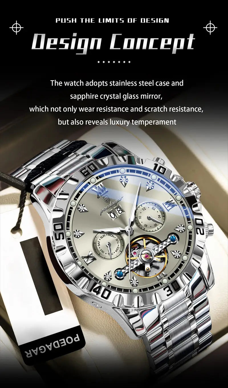 Poedagar Top Luxury Men'S and Women'S Watches, Date Automatic Week Men'S and Women'S Watches, Hollow Swirl Mechanical Stainless Steel