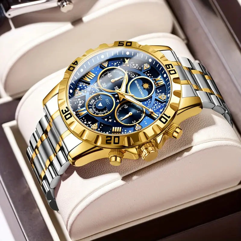 BINBOND Unisex Glossy Quartz Watch - Business Style, 3ATM, Stainless Steel Band, Round Alloy Case, Analog Display with Date Window, Business Casual Watch|Glossy Finish Watch|Quartz Movement Watch