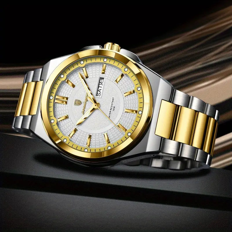 POEDAGAR Light Luxury Steady Handsome Men's Watch Fashionable Simple Sturdy Precise Youth Men's Watch Social Workplace Wear Waterproof Calendar Cycle Display Stainless Steel Quartz Watch