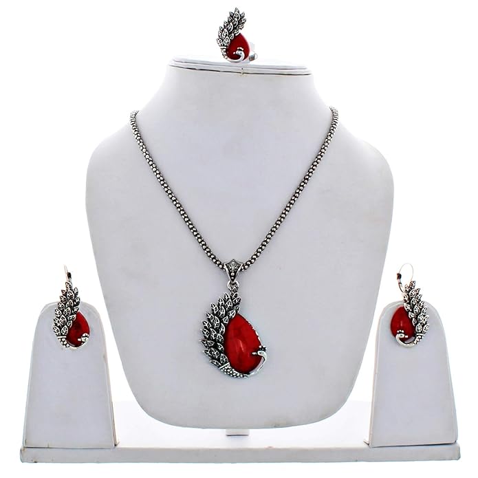 Lucky Jewellery Fancy Peacock Design Black Metal Silver Oxidised Locket Chain with Earring, Ring and Bracelet Set for Girls & Women (725-CHSO-LJ616-Parent)