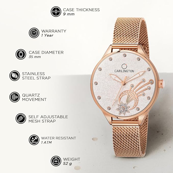 Carlington Big Dial Women’s Watch with Stainless Steel Mesh Strap, Adjustable Clasp and Water Resistant Body(Silver/Rose Gold/Black Dial)