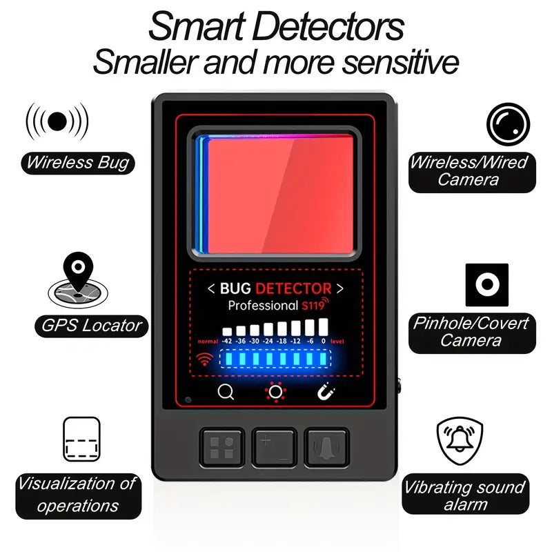 Privacy Protection Detector, Hidden Camera Finder, Anti-Theft GPS Tracker, Remote Magnetic and Infrared Sensor, Adjustable Sensitivity with Vibration Alerts, USB Rechargeable Lithium Polymer Battery