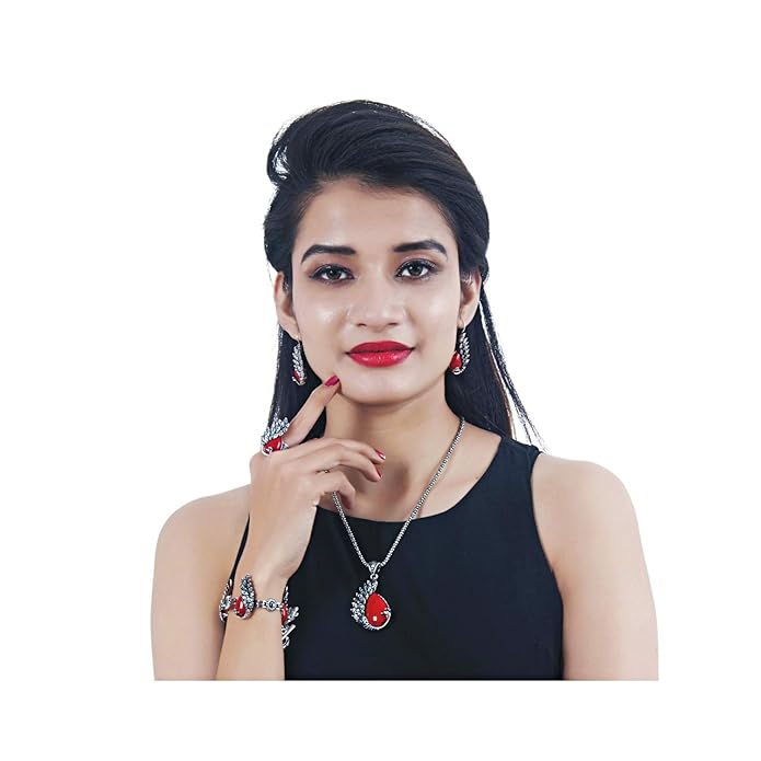 Lucky Jewellery Fancy Peacock Design Black Metal Silver Oxidised Locket Chain with Earring, Ring and Bracelet Set for Girls & Women (725-CHSO-LJ616-Parent)