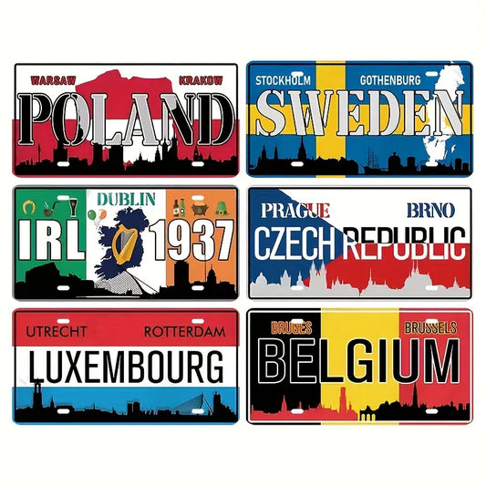 6pcs Vintage European License Plate Signs - Retro Metal Tin Decor with Poland, Sweden, Ireland, Czech Republic, Germany, France Designs -   for Home, Bar, Garage, Bathroom - Antique Car Decoration -  Metal Wall Art Decor, Bar Decoration, Classic Design