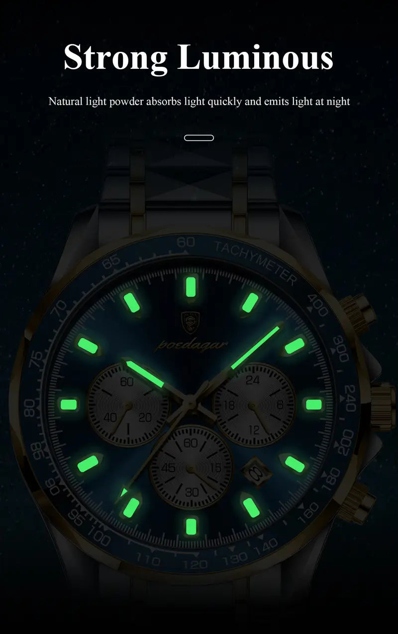 Poedagar Luxury Sports Men's Watch Waterproof Night Light Date Multi functional Timer Stainless Steel Strap Casual Fashion Quartz Material Men's Watch