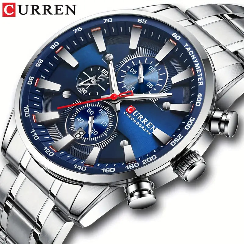 The CURREN Fashion Sports Chronograph Watch Features A Date And Luminous Hands, With A Large Dial Quartz Wristwatch.