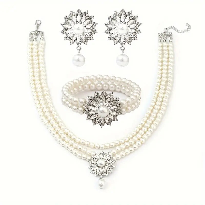 4pcs Necklace Earrings Bracelet Set, Simple and Stylish, Suitable for Wedding Banquet Dress