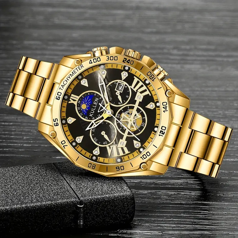 Men's Luxury Quartz Watch with Large Dial & Calendar - Black Chronograph Style, Golden Accents, Roman Numerals - Special Occasions, Stylish Streetwear Accessory | Sleek Chronograph Design | Durable Quartz Watch