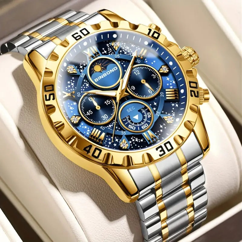 BINBOND Unisex Glossy Quartz Watch - Business Style, 3ATM, Stainless Steel Band, Round Alloy Case, Analog Display with Date Window, Business Casual Watch|Glossy Finish Watch|Quartz Movement Watch