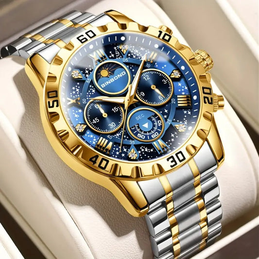 BINBOND Unisex Glossy Quartz Watch - Business Style, 3ATM, Stainless Steel Band, Round Alloy Case, Analog Display with Date Window, Business Casual Watch|Glossy Finish Watch|Quartz Movement Watch